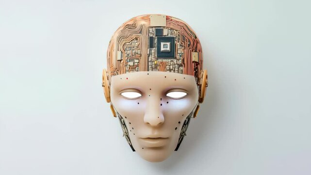 Futuristic Robot Head with Circuit Board Design and Sleek Features