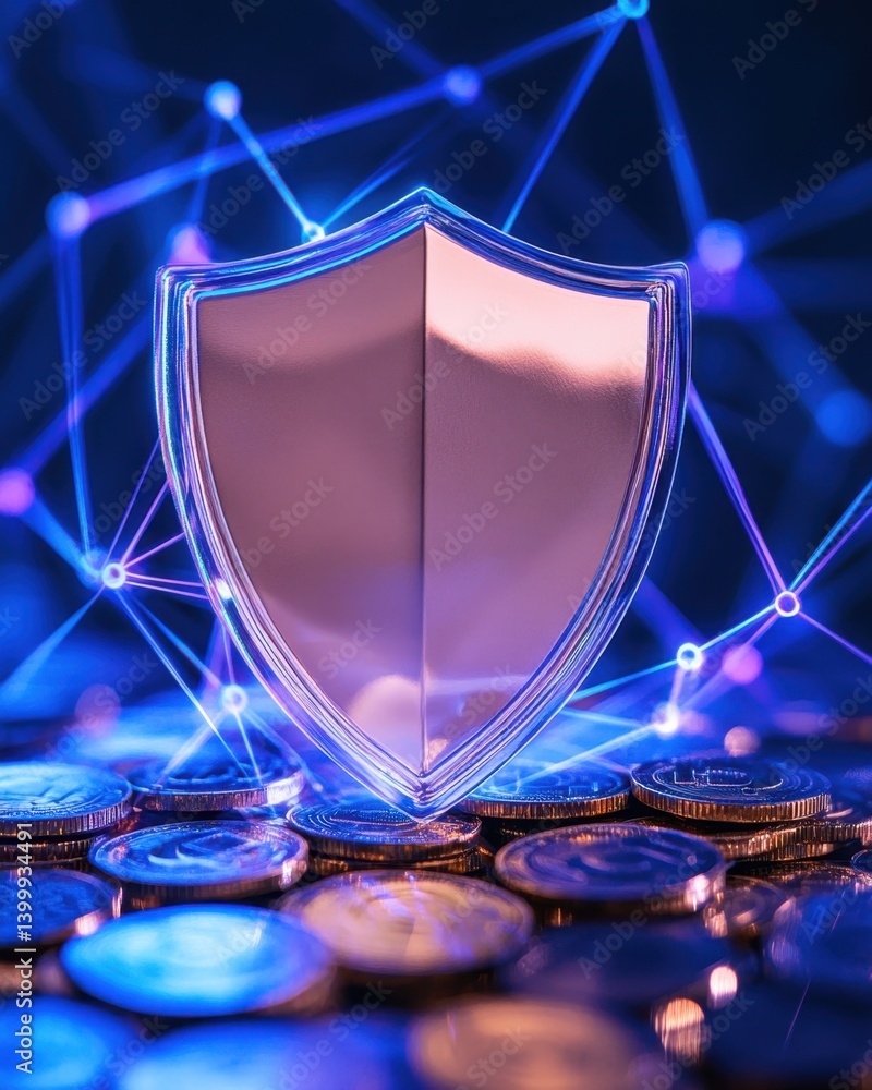 Poster shield of financial security protecting digital assets and cryptocurrencies with network connection