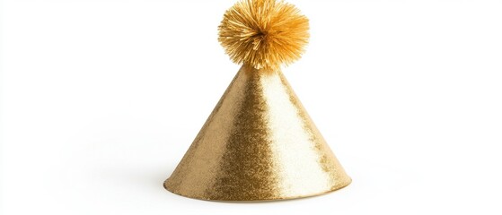 Festive golden party hat with shimmering glitter and a playful pom pom against a clean white background for celebration