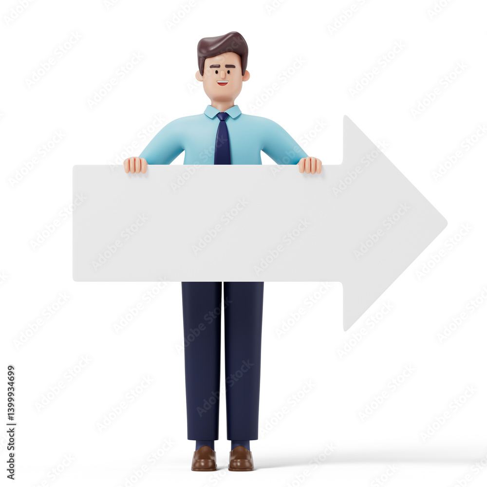 Poster businessman holds a blank arrow sign, symbolizing direction or guidance. 3d rendering, conceptual im