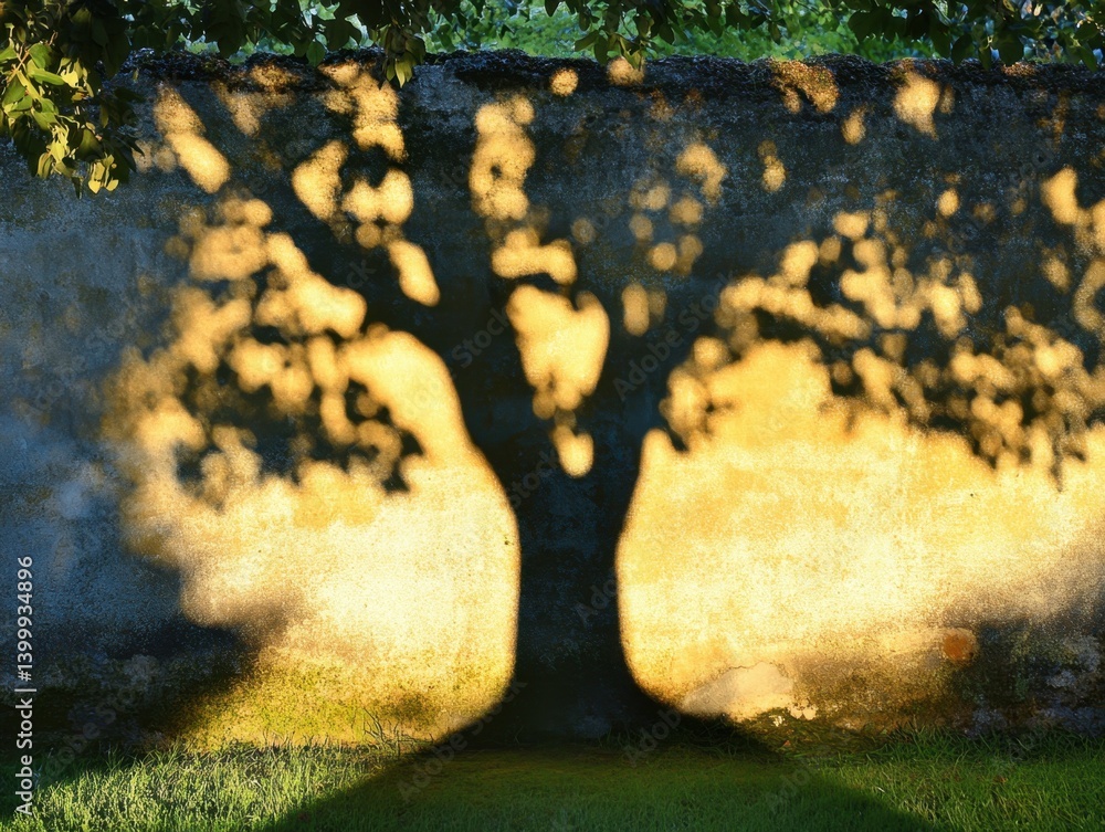 Poster golden hour light casting intricate tree shadow on aged wall creating a serene and enchanting atmosp