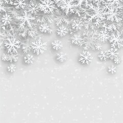 White Paper Cutout Snowflakes Cascading Down on a Light Grey Winter Background