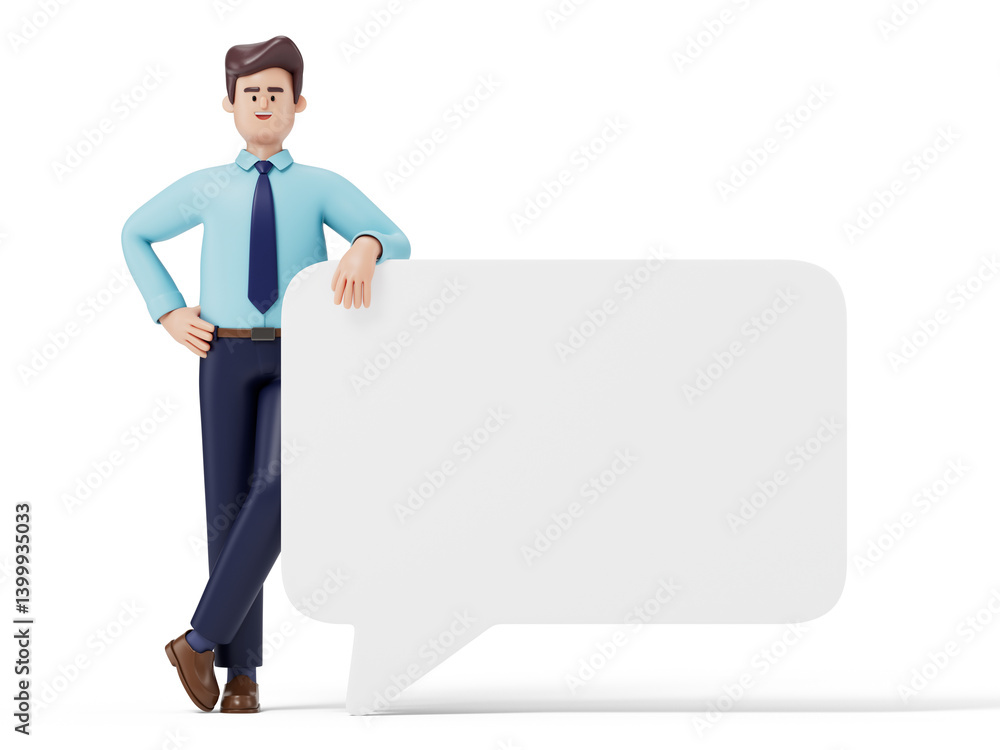 Poster man leans on a speech bubble, symbolizing communication or announcement readiness. 3d rendering, con