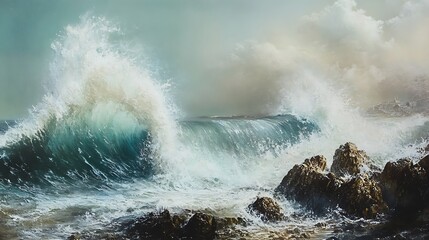 Naklejka premium Powerful ocean waves crashing against coastal rocks in a dramatic seascape.