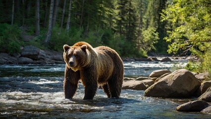 Massive brown bear swiping at fish mid splash along rocky riverbank surrounded by vibrant forest in daylight scene