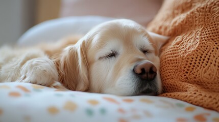 Obraz premium A golden retriever dog peacefully sleeps on a cozy couch, surrounded by soft pillows and warm blankets, embodying comfort and tranquility in a home setting.