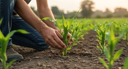 Farmer Carefully Examining and Tending to Young Corn Plants in a Field at Sunset