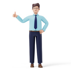 Man giving a thumbs up, symbolizing approval or success. 3d rendering, conceptual image. Isolated on white background.
