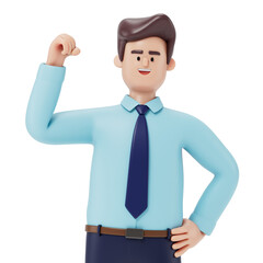A man raising his right fist, symbolizing strength and confidence in success. 3d rendering, conceptual image. Isolated on white background.