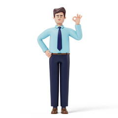 A man with OK gesture in business attire. Symbolizes approval or positivity. 3D rendering, conceptual image. Isolated on white background.