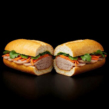 A halved Vietnamese  banh mi cha lua (pork roll sandwich) with slices of Vietnamese pork roll, pickled carrots, and cilantro, set against a black background.  