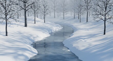 Obraz premium Serene Winter Stream: A 3D Render of Icy Tranquility and Deep Spatial Depth AI Generated