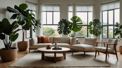 Minimalist living room Scandinavian style with gray couch wooden furniture beige earth tones tropical plants modern design cozy natural light premium interior design photo