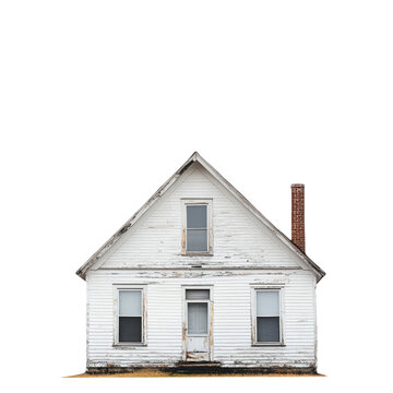 Old Abandoned White Farmhouse with Peeling Paint Isolated on White Background weathered wood rustic architecture fixer upper real estate rural property deserted home vintage countryside building