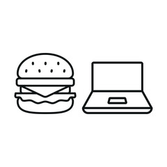 Laptop and hamburger set icon symbolizes casual work, digital lifestyle, and tasty productivity moments.