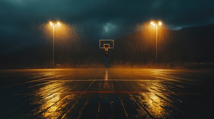Golden reflections on a wooden court under stadium lights with hoop at a distance