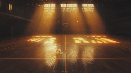Golden reflections on a wooden court under stadium lights with hoop at a distance