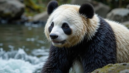 Obraz premium Gentle Giant Panda by the Stream: Close-up Portrait