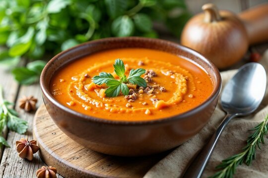 Creamy pumpkin soup garnished with fresh herbs and nuts in a rustic bowl
