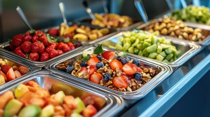 Obraz premium Handcrafted gelato in traditional metal trays topped with fresh fruit and nuts