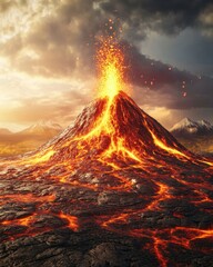 Dramatic Volcanic Eruption with Molten Lava Flowing Down the Mountain Under a Cloudy Sky and Distant Peaks