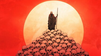 Eerie Figure Above Skulls: An ominous figure stands atop a macabre pile of skulls, silhouetted against a foreboding crimson sun, conveying a sense of dread and the stark realities of mortality.