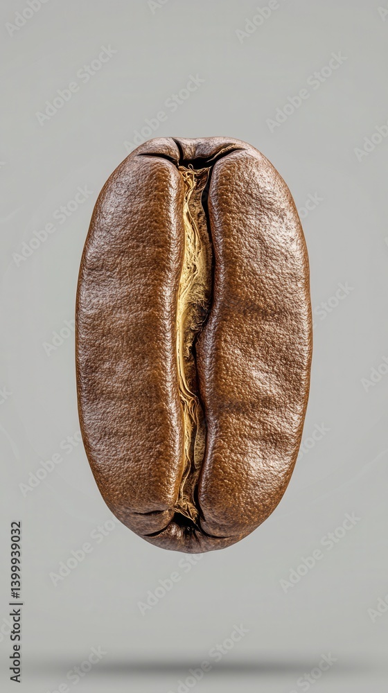 Poster close up of a single roasted coffee bean on a light background showcasing rich texture and warm brow