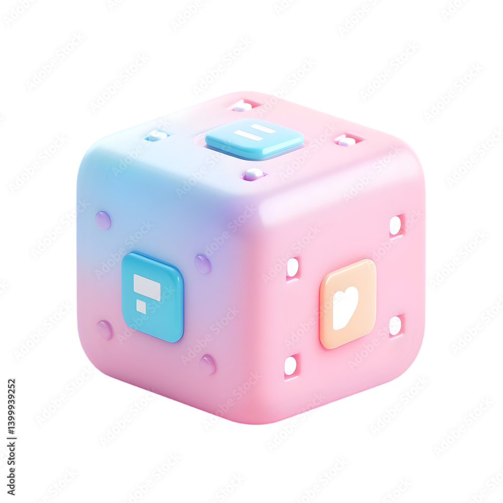 Poster a 3d rendered cube showcasing social media interaction symbols.