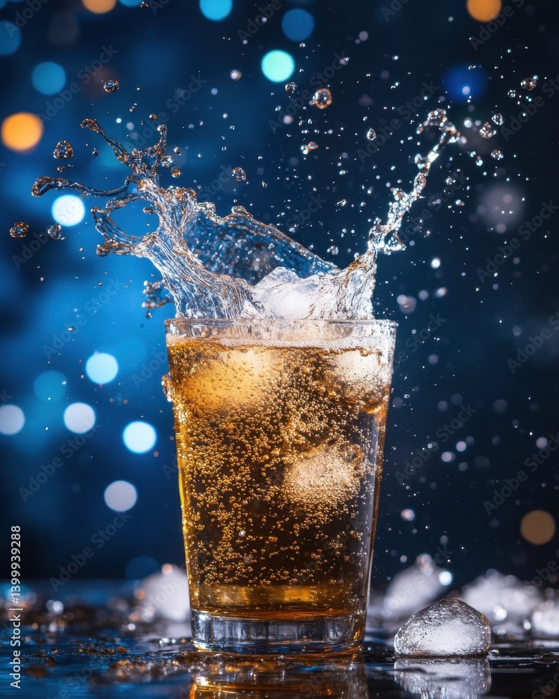 Poster refreshing drink with ice cubes creating splash in glass on dark blue background with bokeh lights