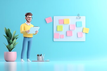 Job seeker using digital planner with elearning milestones and coaching advice, 3D illustration