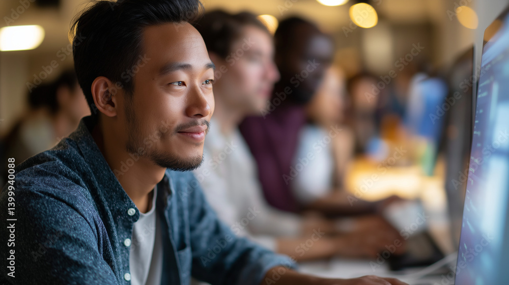Poster inspiring coding lesson in diverse college classroom