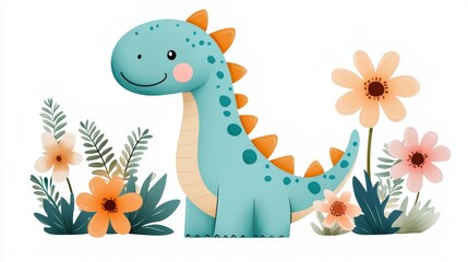 Playful Dinosaur in Blooming Garden: A cheerful cartoon dinosaur stands amidst a vibrant array of blooming flowers, showcasing the joy and wonder of nature and imagination