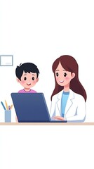 Fototapeta premium Teacher guiding student through laptop screen, virtual mentorship concept
