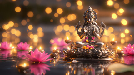 beautifully detailed silver statue of the goddess Lakshmi, adorned with intricate garlands of flowers and pearls, seated peacefully on a lotus flower.