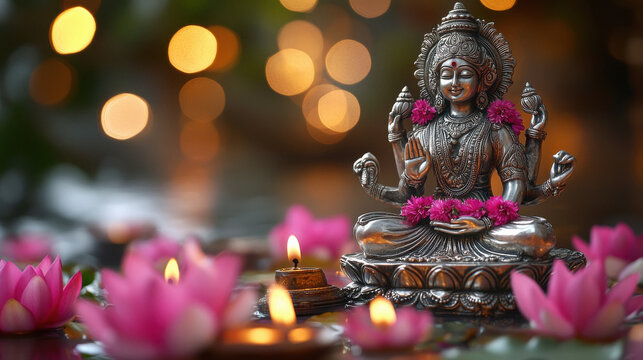 beautifully detailed silver statue of the goddess Lakshmi, adorned with intricate garlands of flowers and pearls, seated peacefully on a lotus flower.