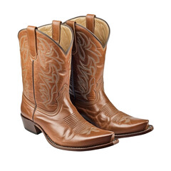 Pair of brown leather cowboy boots with decorative stitching isolated on white background western wear rodeo fashion country music footwear vintage classic traditional handmade craftsmanship durable
