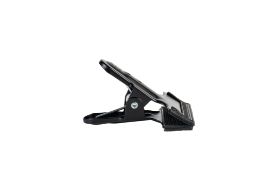 Black plastic spring clamp isolated on transparent background.
