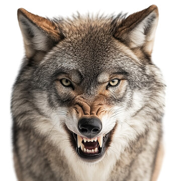 Angry wolf showing teeth aggressive animal predator wildlife canine dangerous wild animal face close up 100 char on transparent background