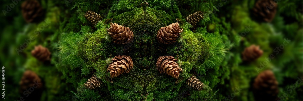 Poster close-up of moss and pinecones creating a natural forest texture pattern