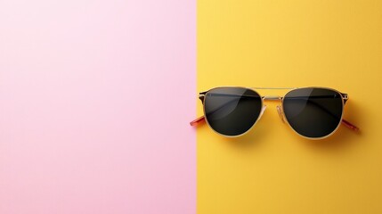 Stylish Sunglasses: A pair of stylish sunglasses, resting against a vibrant backdrop of dual colors, exudes a sense of summer vibes and chic elegance.
