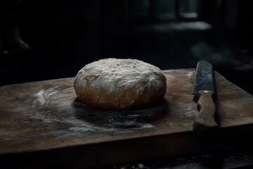 Freshly baked sourdough bread with knife in moody kitchen light