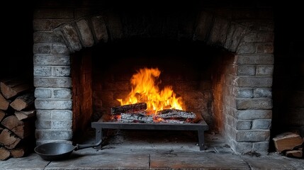 Cozy Fireplace with Burning Wood and Brick Surround