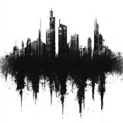 Grungy Black Ink City Skyline with Distressed Dripping Reflection Effect