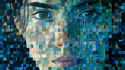 Mosaic portrait of woman's face, composed of smaller portraits, exhibiting a blend of blue and green hues, symbolizing unity, diversity, and collective identity
