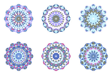 Ornate geometrical abstract triangle mandala set - round ornamental vector graphic elements from mosaic triangles