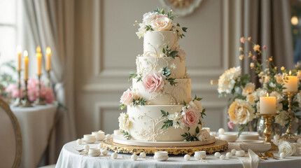 wedding cake decorated with flowers and candle on the table.
