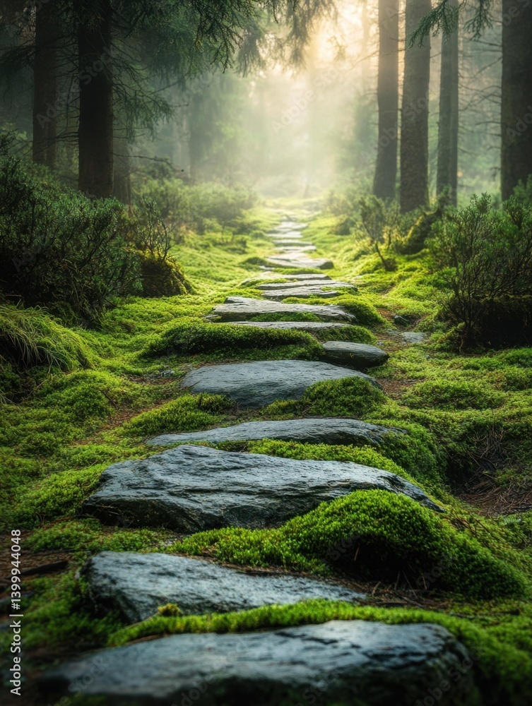 Poster serene forest path with mossy stones under soft sunlight creating a tranquil and inviting scene for 