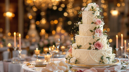 wedding cake with candles and flowers. night party