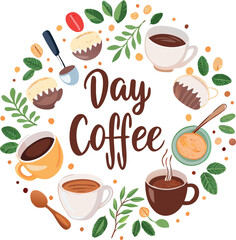 Hand-Drawn Day of Coffee Vector Illustration, Colorful Coffee Cups, Beans, and Leaves in Circular Frame for Poster or Greeting Design