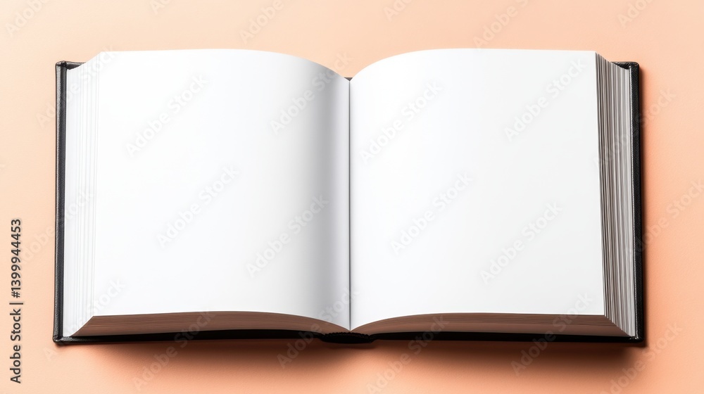 Poster open book with blank pages on a peach background offering creative possibilities for writing and des